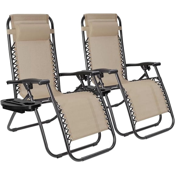 2-Pack Adjustable Zero Gravity Lounge Chair with Steel Mesh Fabric: Reclining Lawn Chair Featuring Comfort Pillow, Cup Holder Tray, and Customizable Recline Positions