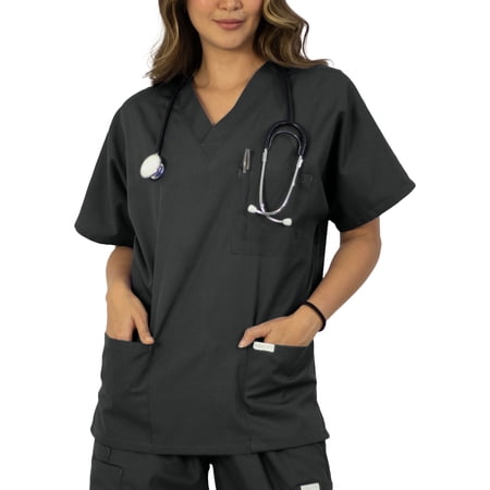 HeedFit Unisex Scrub Top, V-Neck, Multiple Pockets, s, Charcoal
