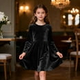 thumbnail image 2 of MKOSPLRT Girls' Velvet Dress Long Sleeve Crew Neck Ruffle Hem Formal A-Line Dress Solid Vintage Swing Knee Length Dress for 5-15Y Girls, 2 of 8