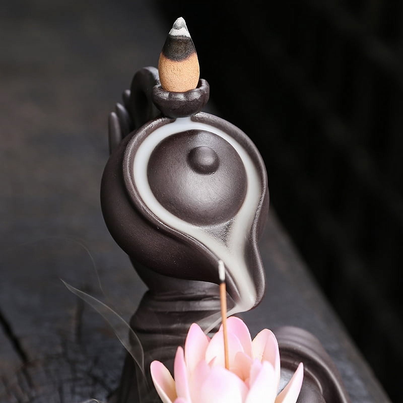 Buddha Hand Series Backflow Incense Burner Indoor Smoke Waterfall Incense Holder Creative Lotus Ceramic Incense Burner (White Lotus)