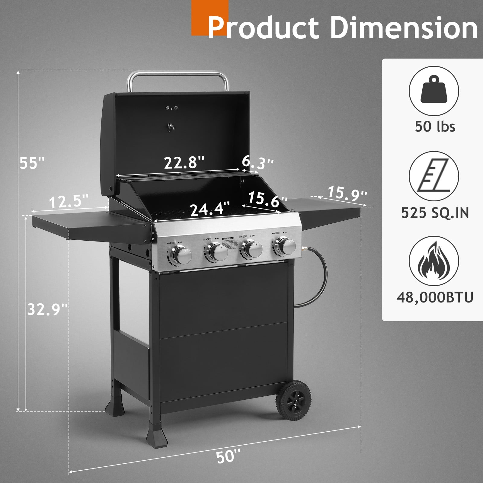 Ktaxon 4 Burner Propane Grill Gas Grill 48000 BTU with Lid,Ceramic Coated Cast Iron Rack,Side Shelves,Wheels