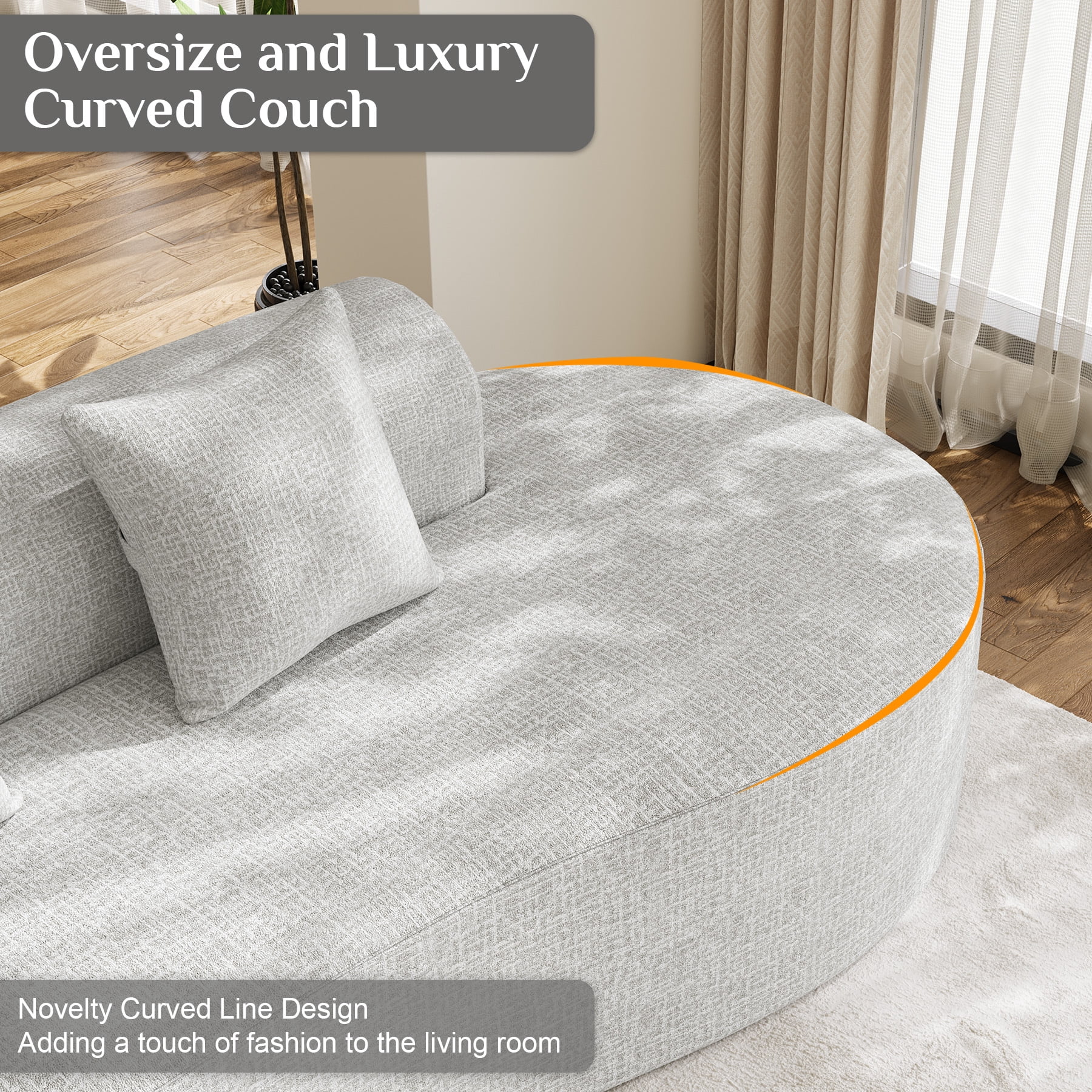 Wiilayok 146.5"Modern Chenille Sofa,Curved Sofa with Deep Seat,Cloud Compression Sofa Couch for Living Room,No Assembly