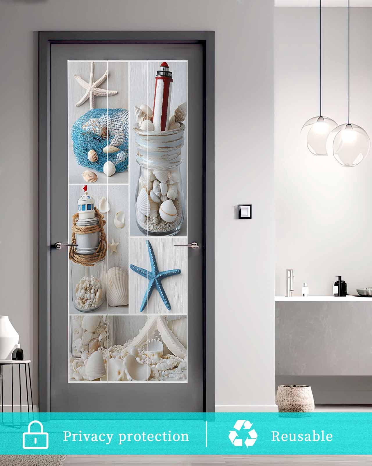 Window Privacy Film Starfish Stained Glass Window Film Decorative Sun Block Window Cover Ocean Shell Coastal Nautical Flag Light-house Window Clings Static Adhesive Sticker for Bathroom 23.6"x59"