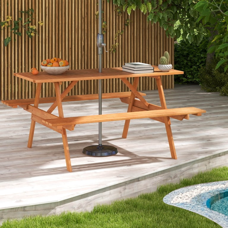 best patio picnic table with umbrella hole ORALNER Acacia Wood Bench Set w/2 Hole, 6-8 Person Crafted with an all Square Outdoor Patio Dining Table