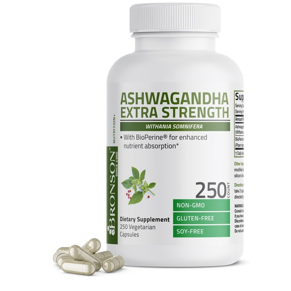 Bronson Ashwagandha Extra Strength Stress & Mood Support with BioPerine - Non GMO Formula, 250 Vegetarian Capsules