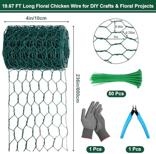 Floral Chicken Mesh for Craft, 4 x 236 Inch Galvanized Hexagonal Netting Roll, Lightweight Garden Poultry Fence for Coop & Rabbit, Metal Mesh Kit with Gloves, Ties and Plier