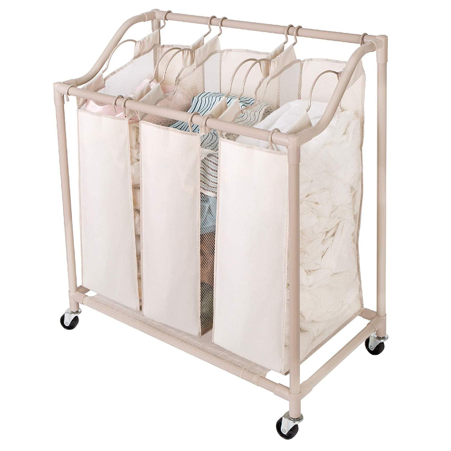 Smart Design Deluxe Rolling Triple Compartment Laundry Sorter Hampers