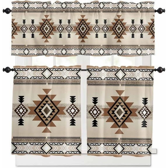 Southwest Kitchen Curtains Sets for Windows 36 Inch Length, Brown Bohemian Abstract American Aztec Rod Pocket Window Treatments Tier Curtains and Valances Set for Bedroom/Bathroom