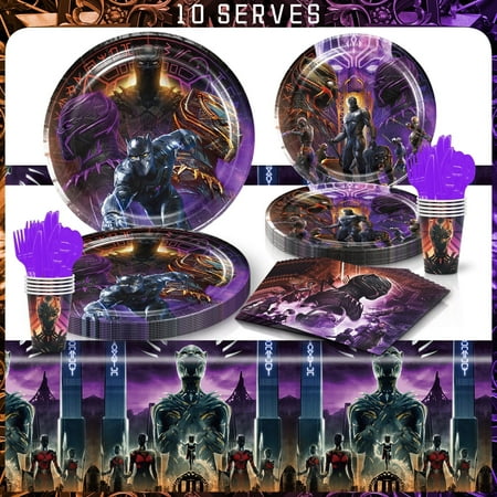 81 Pcs Black Panther Party Tableware Set, Birthday Party Supplies, Table Cover,Paper Plates, Napkins, Cups, Knives, Spoons and Forks