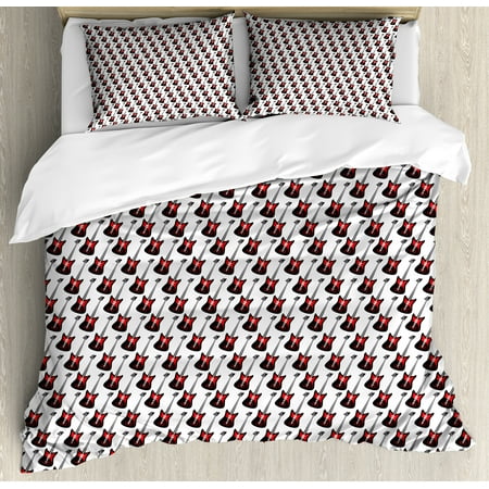 Guitar Queen Size Duvet Cover Set, Repeating Graphic Electric Guitars in Diagonal Order Rock Music Band Songs, Decorative 3 Piece Bedding Set with 2 Pillow Shams, Red Black White, by