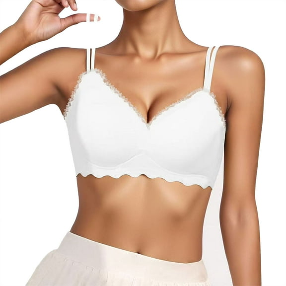 Women's Seamless Sports Bra - Lace Wireless Bralette Double-Strap Adjustable Cross-Back V-Neck Comfortable Everyday Bras Lightly Padded Wireless Bra White M