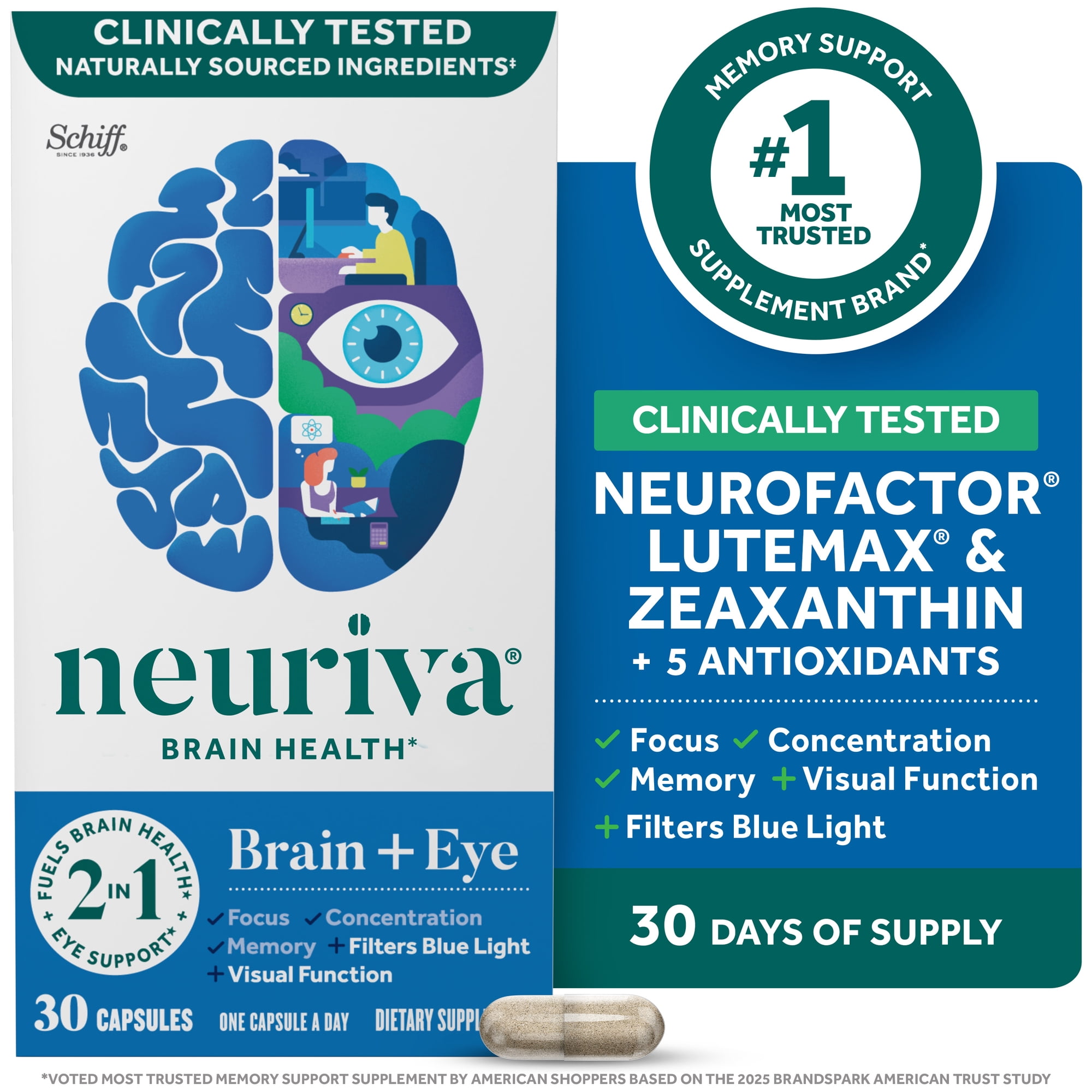Neuriva Brain + Eye Health Supplement, Support for Brain Health & Eye Support, 30ct Capsules