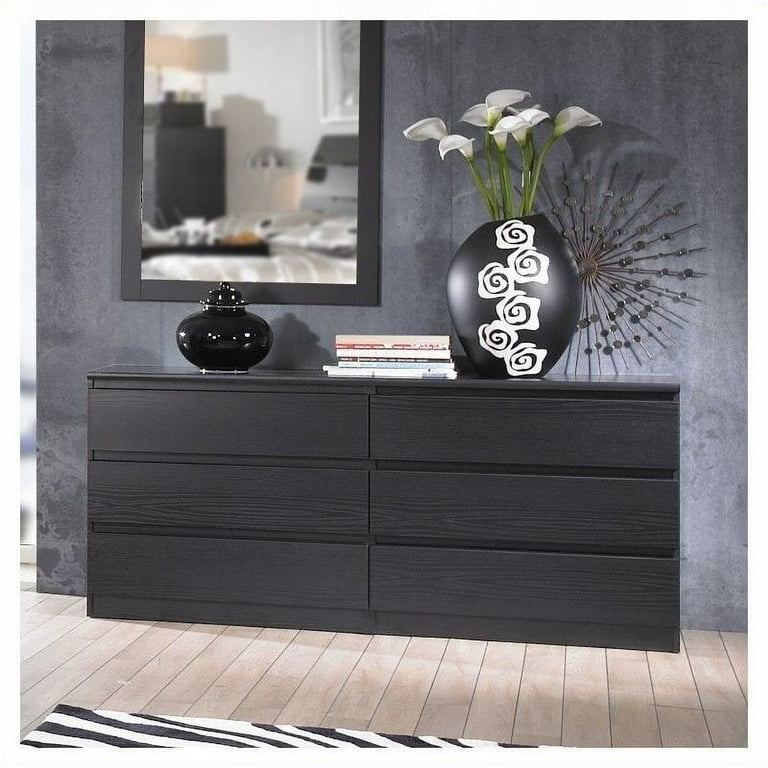 Pemberly Row Modern 6 Drawer Double Bedroom Dresser in Black Woodgrain
