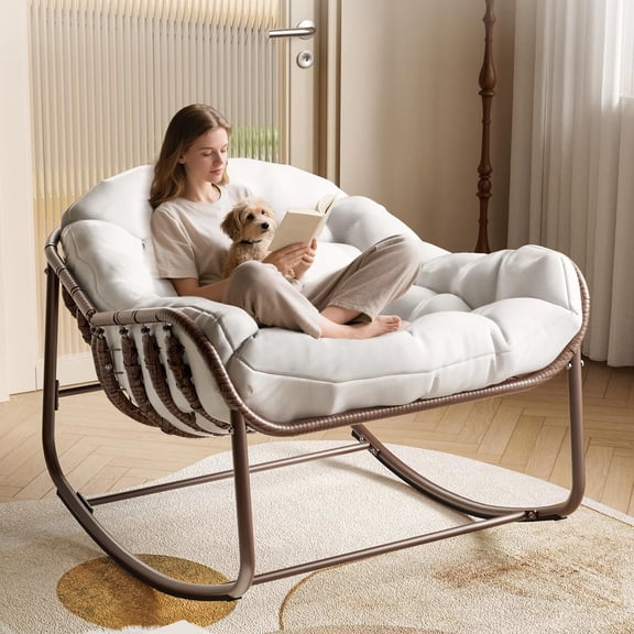 Oversized Papasan Rocking Chair for Patio, Wicker Egg Lounge Chair with Water, Resistant Cushion, Heavy Duty Metal Frame, Comfy for Garden, Porch, Balcony, Living Room, 450lbs Capacity, C