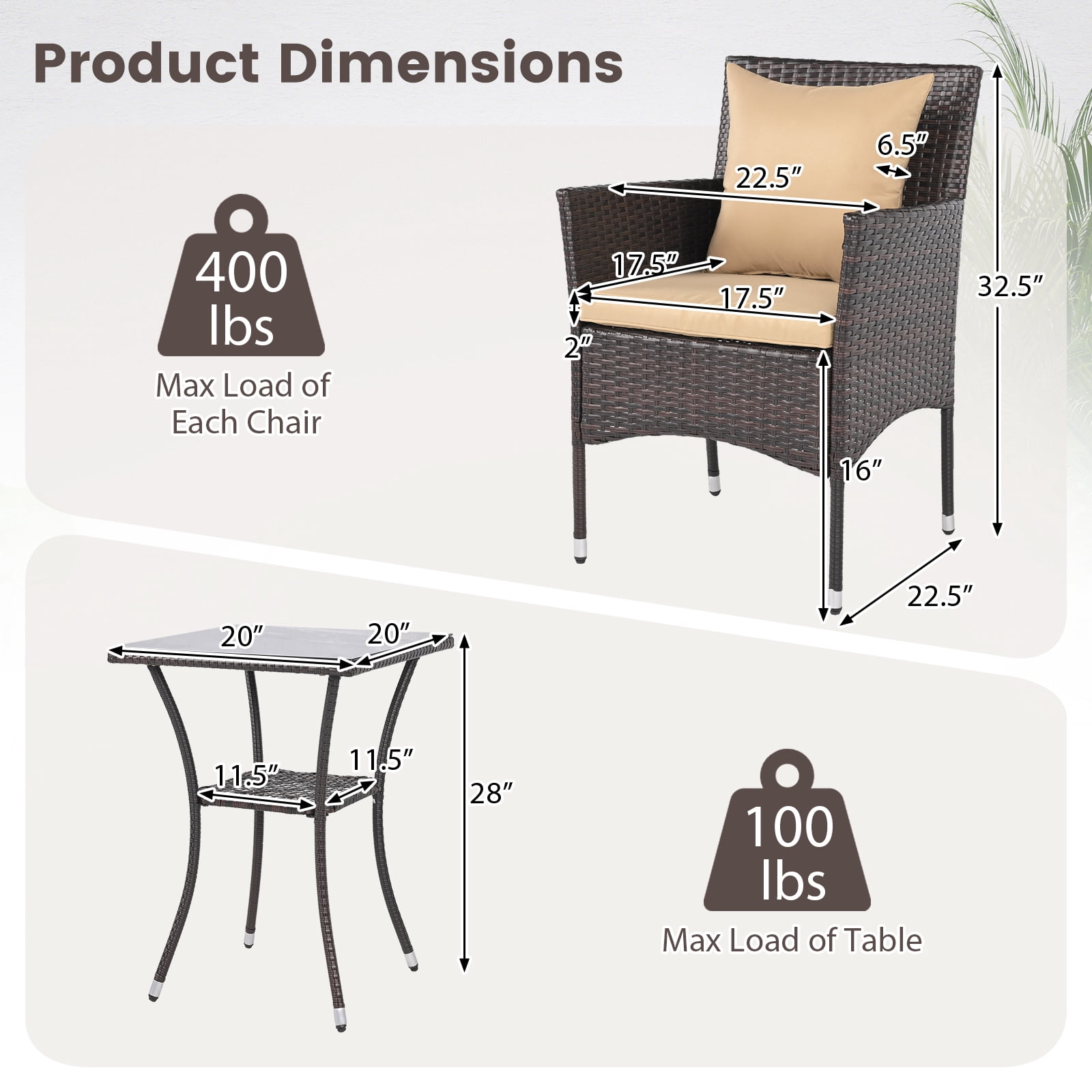 Costway 3PCS Patio Wicker Bistro Set, 2 Rattan Chairs with Double-Tier Tempered Glass Table Mix Brown+Beige