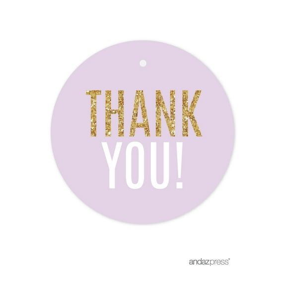 Signature Lavender, White, Gold Glittering Party, Round Circle Gift Tags, Thank You!, 24-Pack