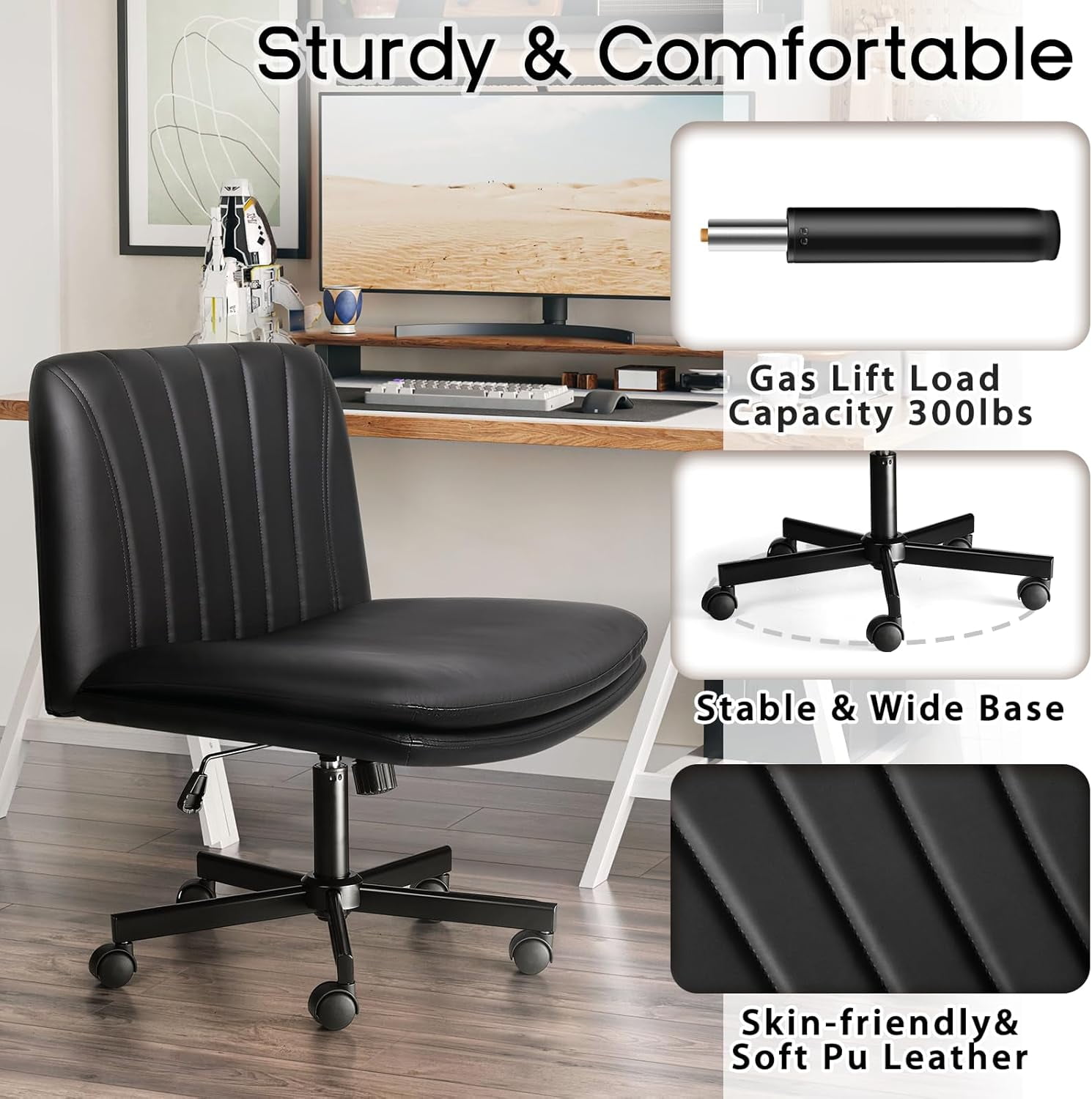 Waleaf Criss Cross Chair with Wheels,PU Leather Padded Armless Cross Legged Office Desk Chair for Home Office
