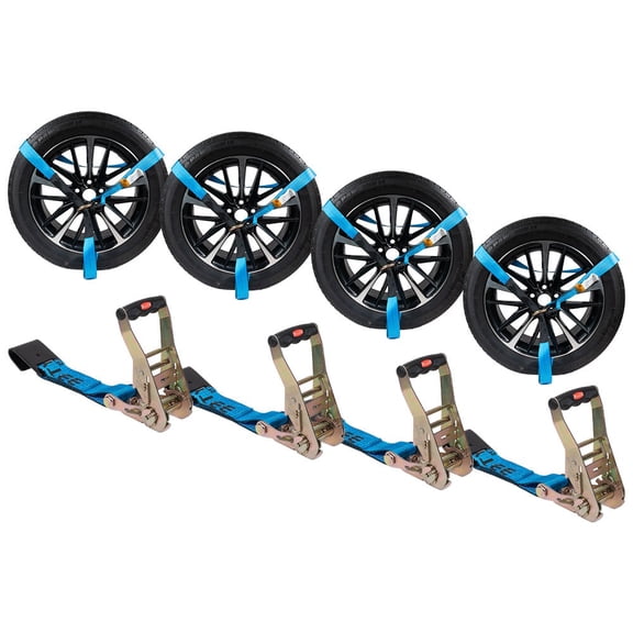 4 Pack 2" x 120" Car Tie Down Straps for Trailer with Flat Hook - 3333 LB WLL Blue Lasso Style Tire Strap for Car Trailer with Ratchets - Vehicle Tie Down Wheel Straps for Hauling Cars