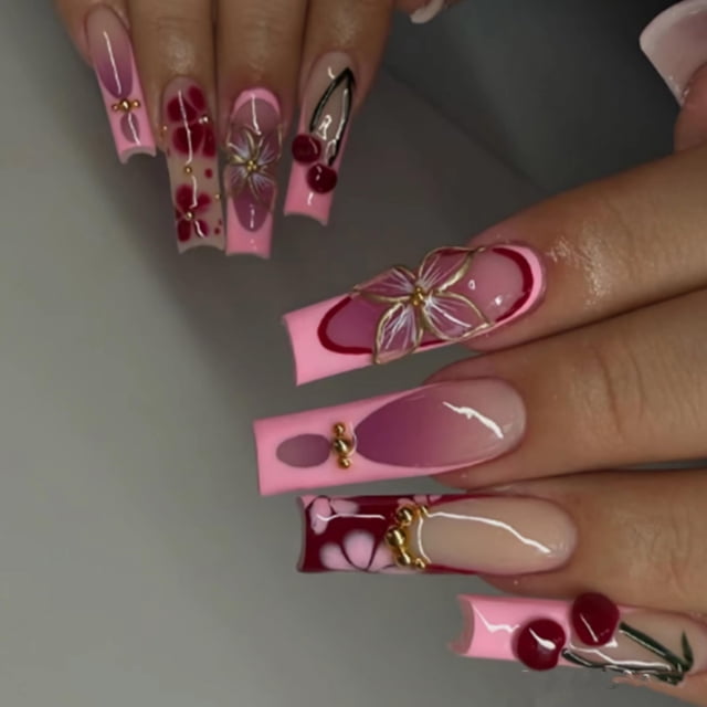 Presiona las uñas BABALAL, largas, cuadradas, rosadas y rojas, punta francesa, 24 unidades