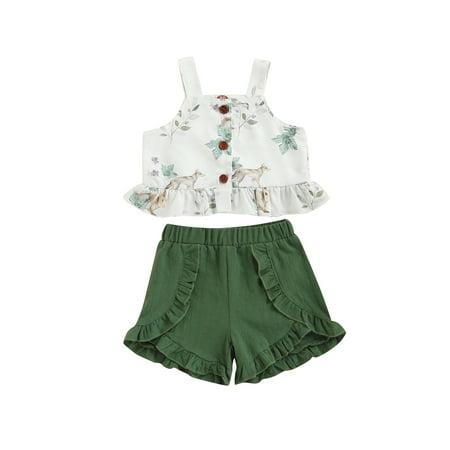 

Canrulo Summer Toddler Baby Girl Outfit Set Sleeveless Ruffles Floral Tops Shorts Clothes White Green 3-4 Years