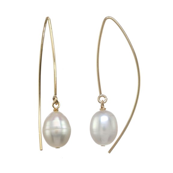 LTC Designs 14k Gold Filled Marquise Hook Earrings with White Cultured Freshwater (7.5-8mm) Pearl Oval Drops for Women, Men, Friends, June Birthstone