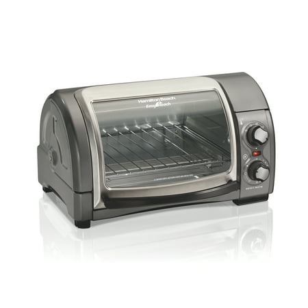 Hamilton Beach Easy Reach 4-Slice Countertop Toaster Oven With Roll-Top Door  1200 Watts  Fits 9” Pizza  3 Cooking Functions for Bake  Broil and Toast  Silver  31334D