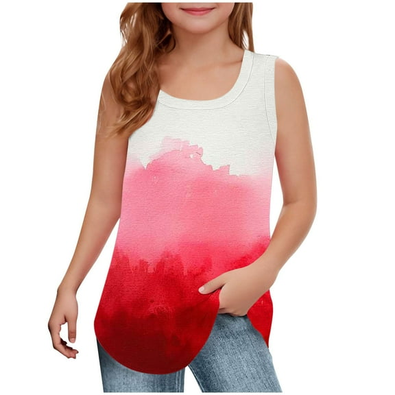 Girls Summer Gradient Tank Tops Curved Hem Sleeveless Square Neck T-Shirts Casual Graphic Tees Loose Fit Shirt Red， 5-6 Years