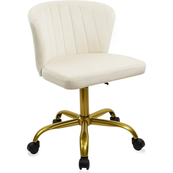 CLATINA Home Office Desk Chair Velvet Vanity Chairs Gold Base, Ergonomic Small Cute Chair Adjustable Height with Wheels Rolling Armless Chair Swivel Task Chair for Study Living Room Bedroom, White