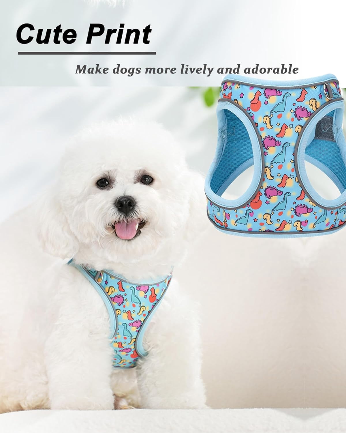 M Blue Dinosaur Pattern Dog Harness and Leash Set,No Escape Puppy Harnesses for Training Walking，Breathable Adjustable Puppy Vest for Small Medium Dogs, Cats (Blue, M)