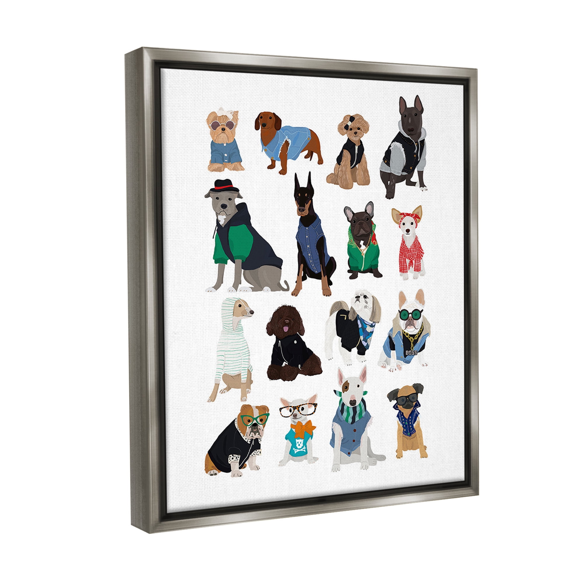Stupell Industries Dogs with Various Fashion Animals & Insects Painting Gray Floater Framed Canvas Art Print Wall Art, 25 x 31