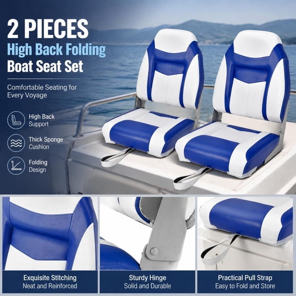 2 Pcs Blue High Back Folding Boat Seats with Sponge Cushion, Pvc, Aluminum Hinges, 4-Bolt Swivel or Pedestal Compatible