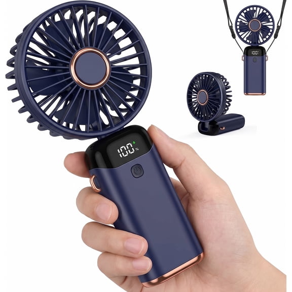 Portable Handheld Fan, 5-Speed Mini USB Rechargeable Personal Fan with LED Battery Display, 180° Foldable Desk Fan & Wearable Neck Fan with Lanyard, Small Pocket Cooling for Travel, Office, Outdoor