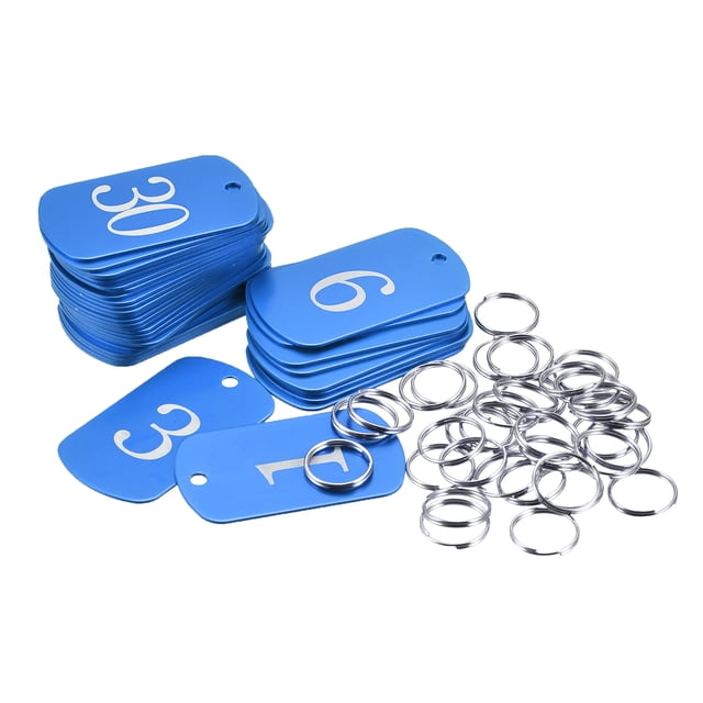 Etiqueta de clave de metal de aluminio, etiqueta de número 1-35, etiqueta de identificación con anillo de 2x1.2 pulgadas, rectángulo azul en blanco para decoración, 35 piezas