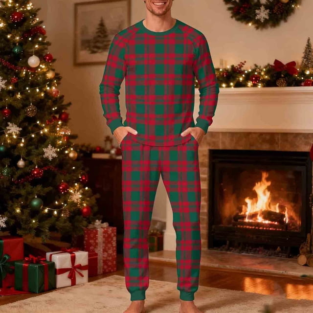 Pijama navideño para hombre, blusa y pantalones con estampado navideño a cuadros.
