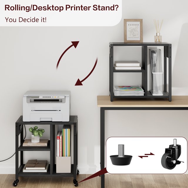 Bingirl Support d'Imprimante avec Station de Recharge, Support d'Imprimante de Bureau à Domicile avec Rangement, Table d'Imprimante sous le Bureau, Chariot d'Imprimante à 3 Niveaux Robuste sur Roulettes avec Roues