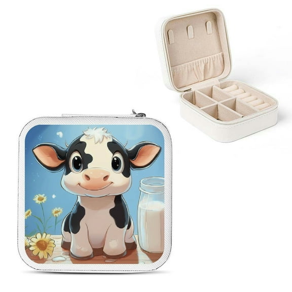 ZFLMY Cute Cow Small Jewelry Box for Women Valentine's Day Gift White