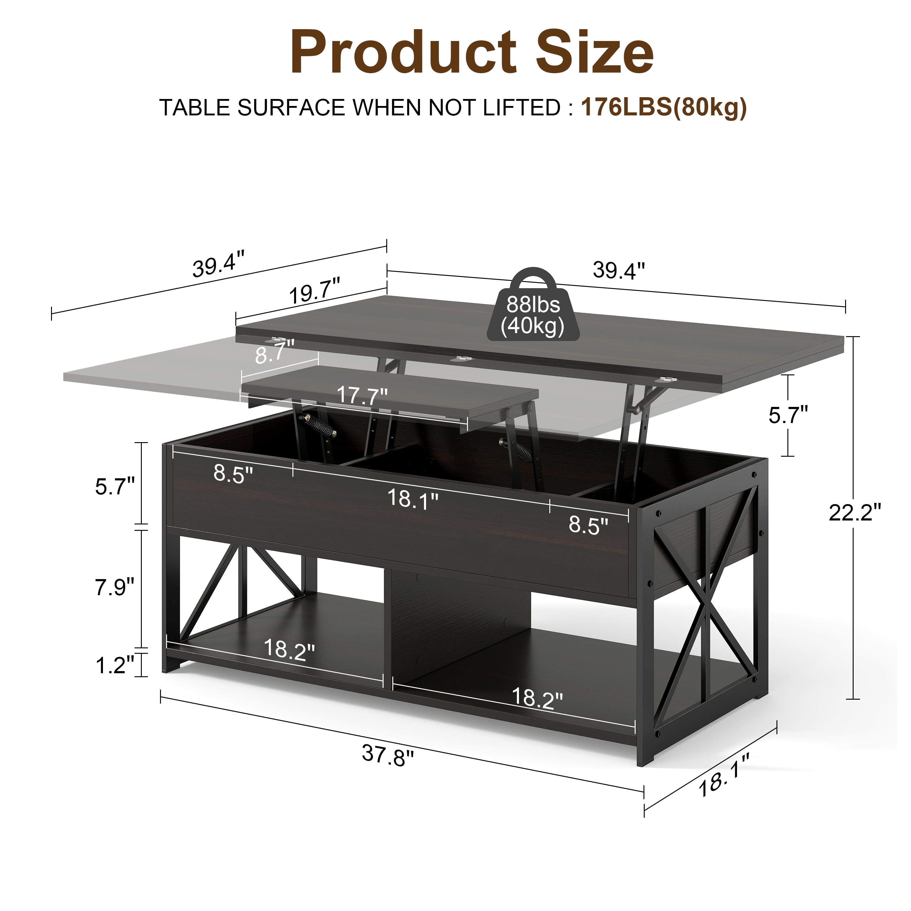 Manora Wood Lift Top Coffee Table with Storage, Rectangle Coffee Table with Hidden Compartments for Living Room