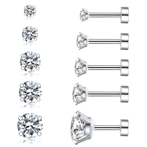 DESIGNICE 5 Pairs 316L Stainless Steel Stud Earrings Cubic Zirconia Earrings Flat Back Stud Earrings Set for Women Men, 3-8mm, Silver