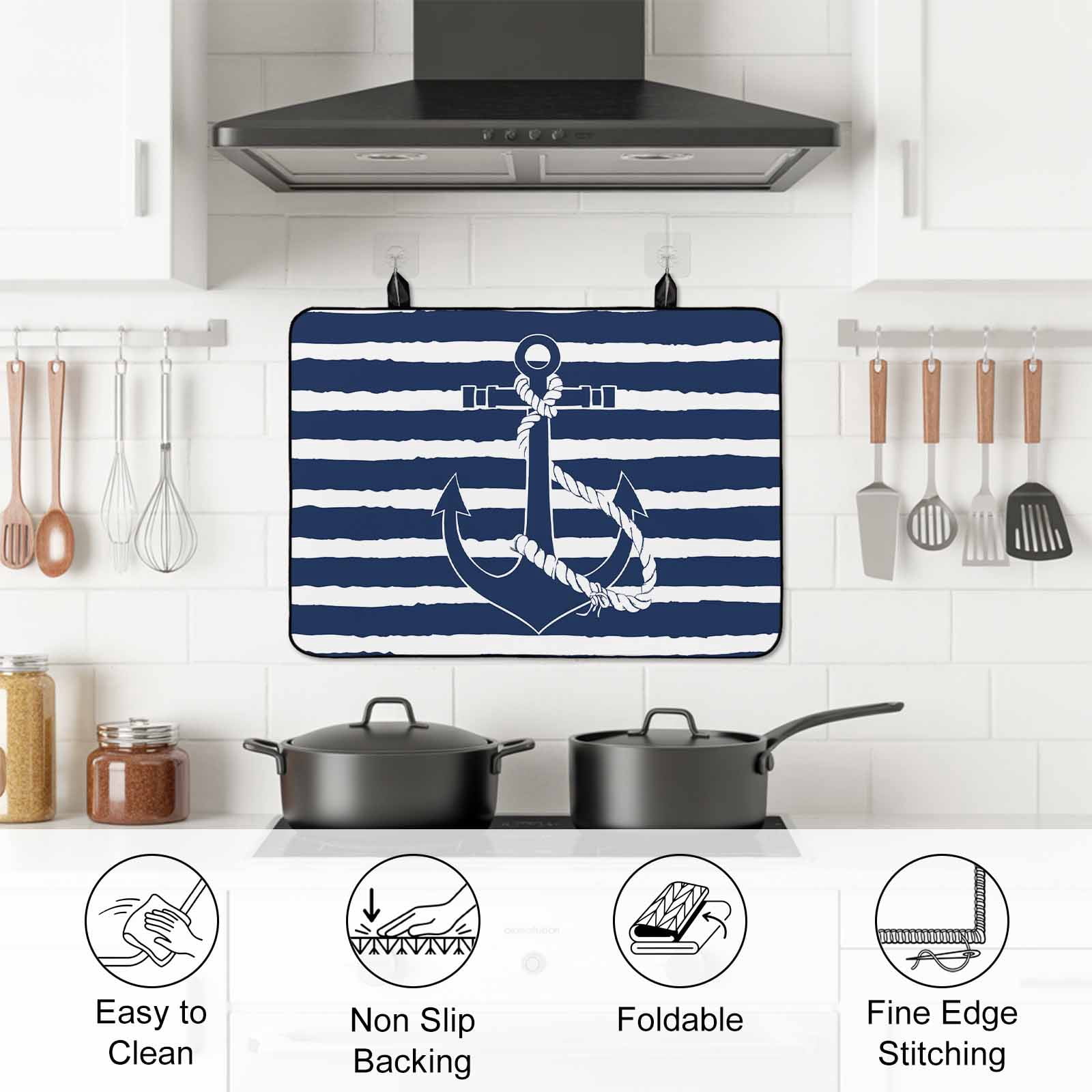 Navy Blue Anchor Nautical Stove Top Cover for Electric Stove, Heat-proof & Non Slip Glass Top Stove Cover Protector, Navy Blue Striped Farmhouse Kitchen Flat Cooktop Rubber Mat 24x21 Inches
