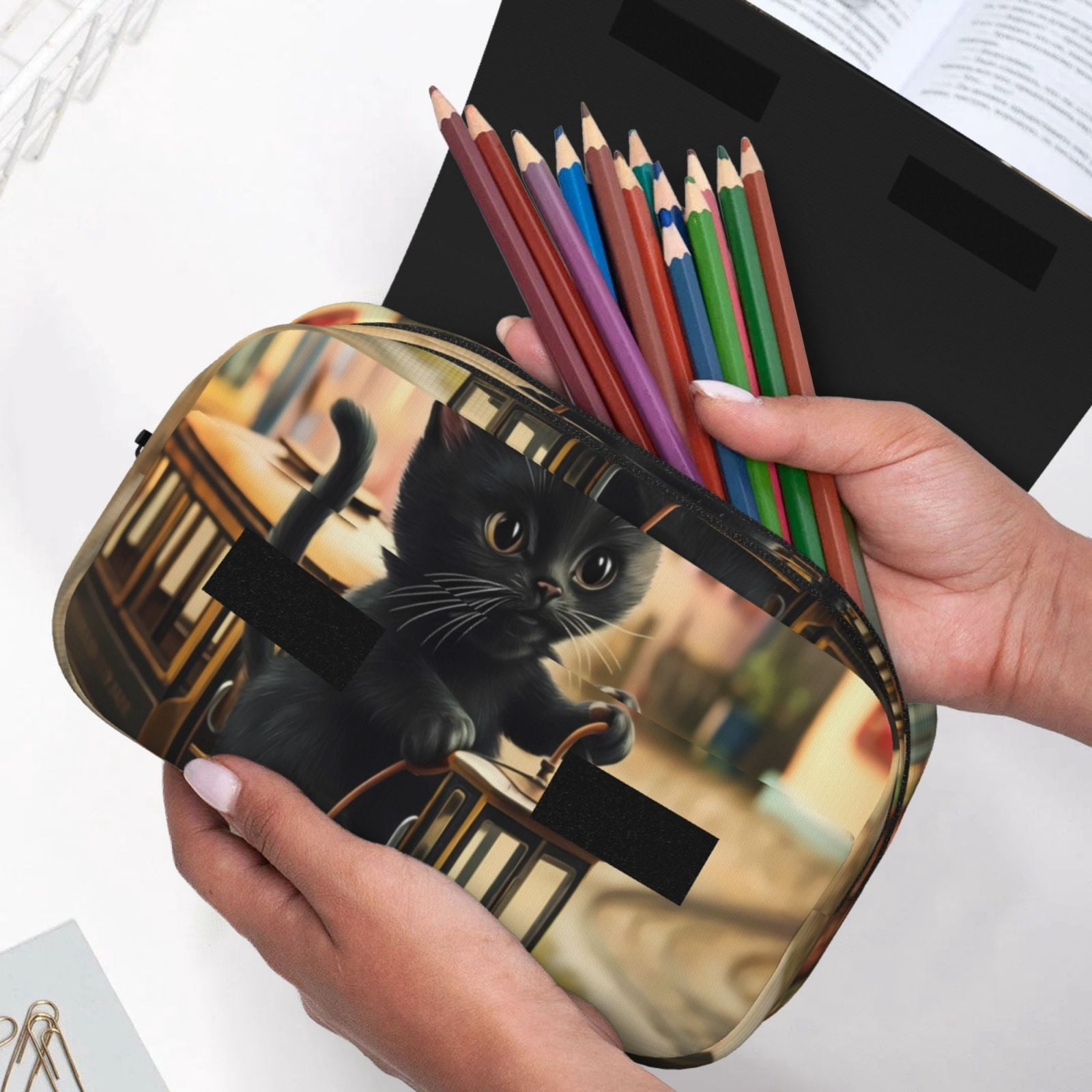 Rateoe Adorable Kitten On Mini Train Pattern Double Clamshell Pen Case, Storage Organizer with Two Zipper Compartments– Holds Up to 50 Pencils & Pens