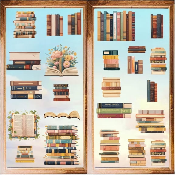 8 Styles Book Wall Sticker Reading Window Decor Clings Adhesive Study Read Books Colorful Art Print Double Sided Decals Peel and Stick for Home Wall Window Cling Supplies Decorations 1set