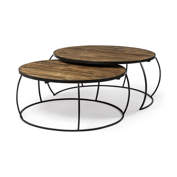 Clapp I Set of 2 Round Brown Wood Top Black Iron Base Nesting Coffee Tables