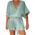 thumbnail image 2 of up to 60% off Gifts Usmixi Jumpsuits for Women Dressy Casual Knitted Elastic Waist Belt Short Jumpsuits Overalls with Pocket Summer V-Neck Short Sleeve Solid Mini Formal Rompers Green xl, 2 of 7