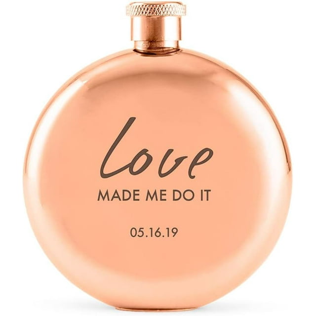 Weddingstar Customizable Rose Gold Stainless Steel Round Hip Flask \u2013 Love Made Me Do It Engraving