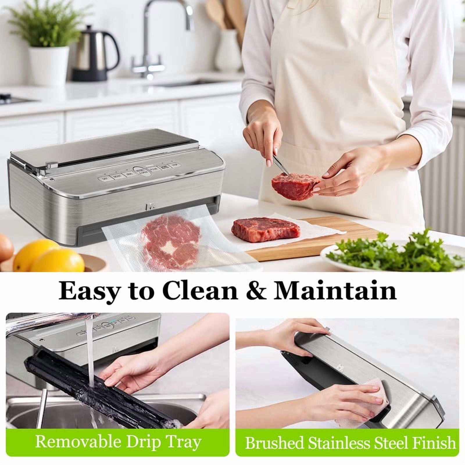 TINKLE WELL Automatic Vacuum Sealer Machine, 120W Powerful Sealing System, Built-in Cutter & Bag Storage, Includes 2 Rolls + 5 Pre-Cut Bags, Moist Mode & Air Suction Hose for Liquid Foods