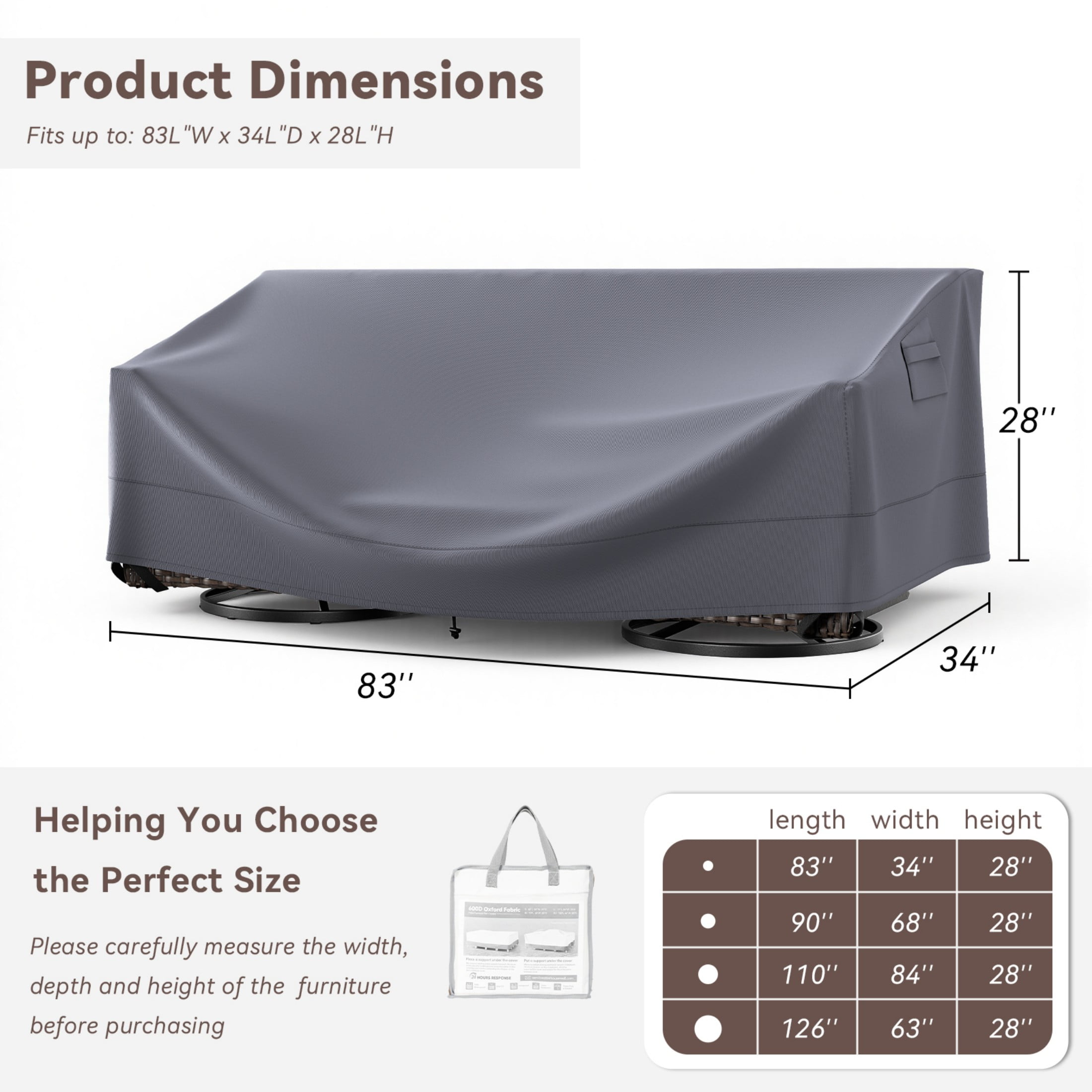 Unnifurnzi Patio Furniture Covers-600D Heavy Duty Outdoor Furniture Covers Waterproof Outdoor Couch Cover for Outdoor Patio Table and Chair Set Sofa Loveseat Bench 83" L × 34" W × 28" H-Gray
