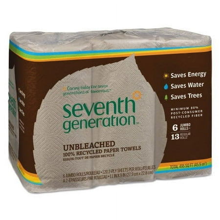 New Seventh Generation Natural Unbleached 100% Recycled Paper Kitchen Towel Rolls, 2-Ply, 11 x 9, 120/Roll, 6 Rolls/Pack
