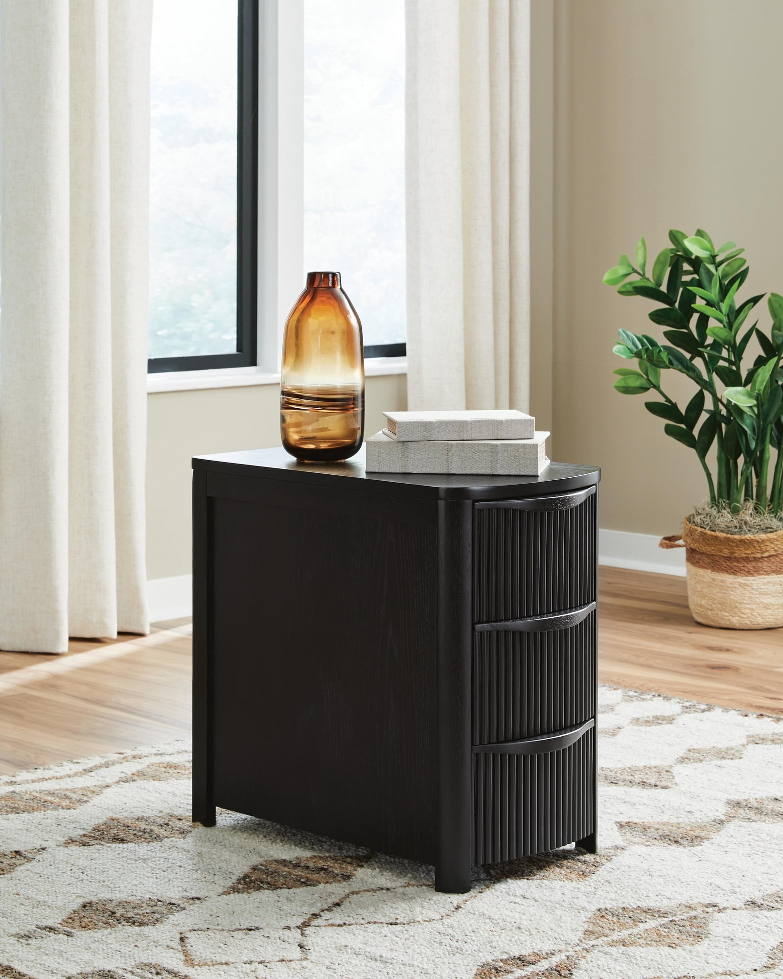 Camdill Chairside End Table with USB Charging Ports and 3 Drawers, Black Wood Finish
