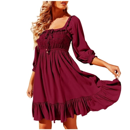 Olyvenn Womens Tunic Mini Babydoll Vacation Dress Drawcord Hollow Open Back Lace-up Smocked Trendy Summer Bubble Sleeve 3/4 Sleeve Prom Dresses for Women Retro Solid Sundress Fashion Wine 10