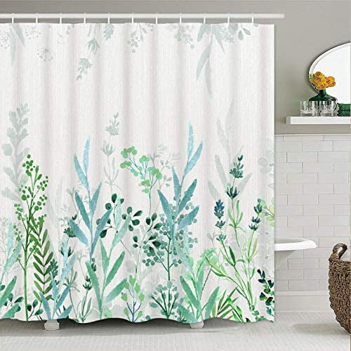 Ruran Watercolor Floral Shower Curtain, Blue And Green Shower Curtain Teal And White Shower Curtains, Rustic Spring Shower Curtain With 12 Hooks, Wate